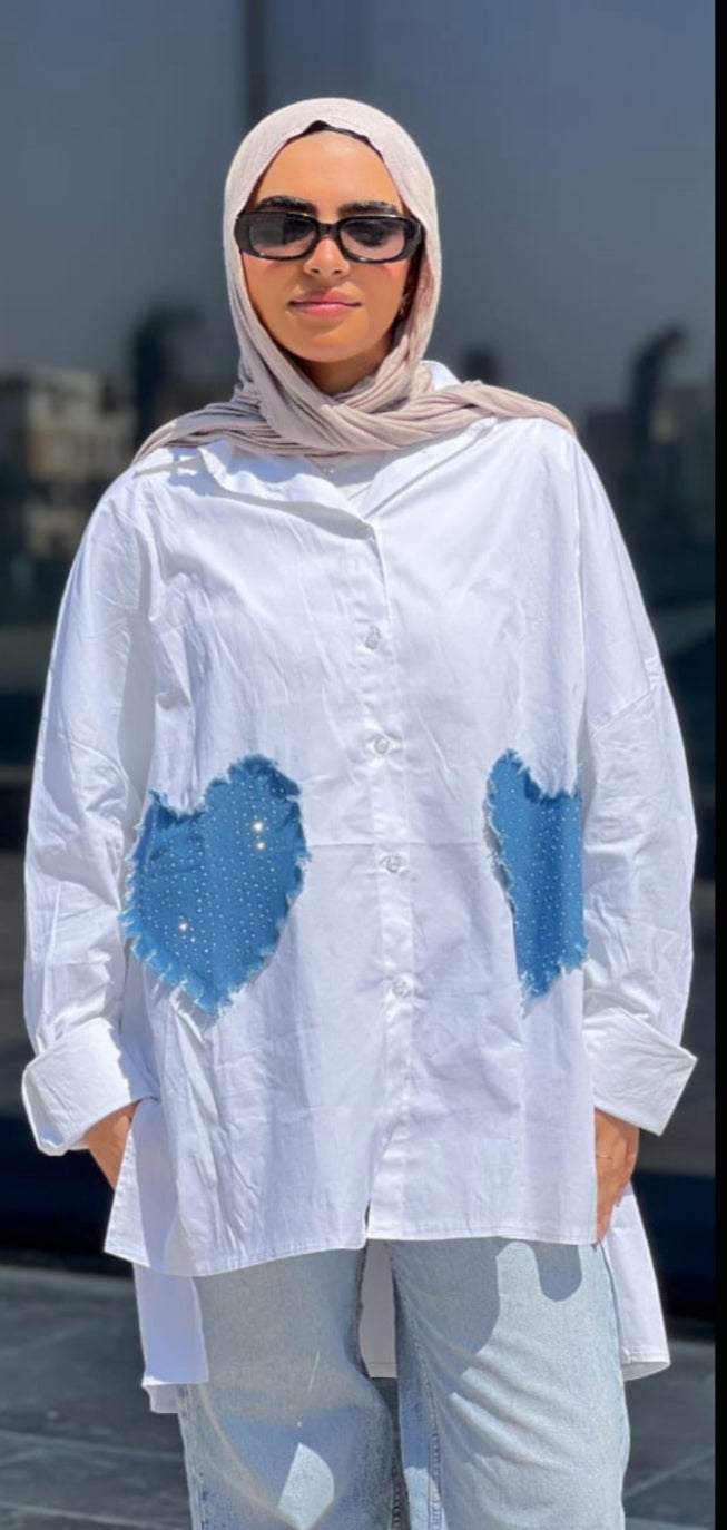 White chemise with hearts jeans strassed